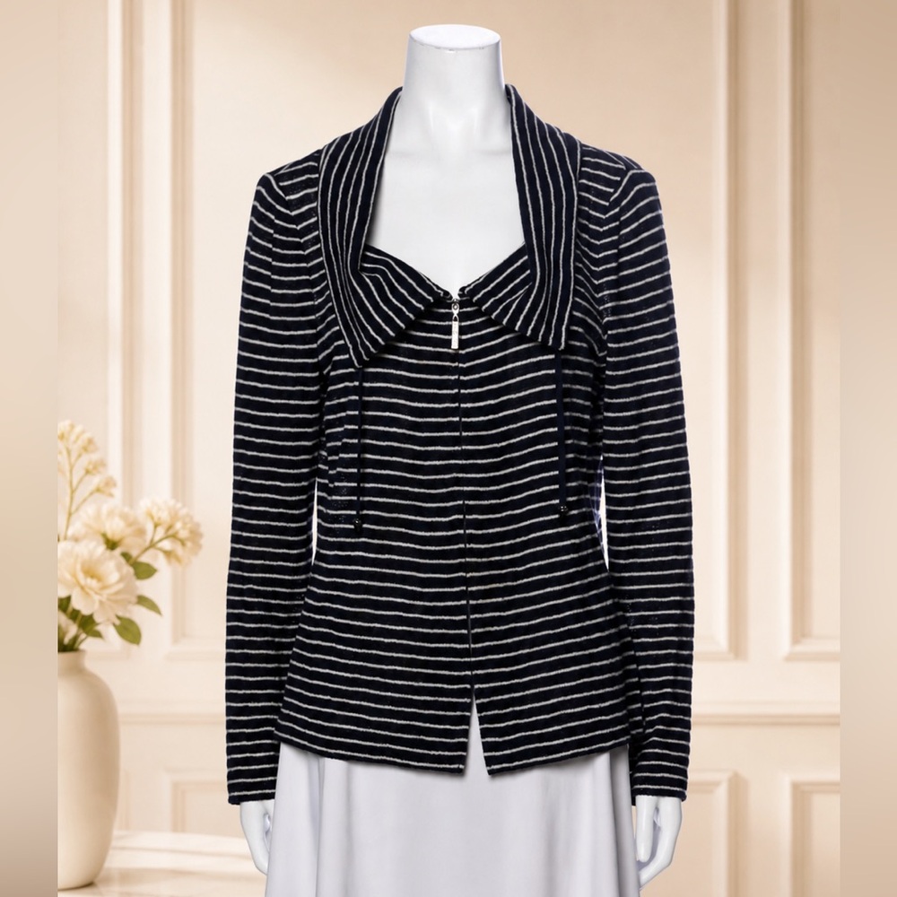 St. John Striped Cowl Neck Navy Blue Sweater - Size M